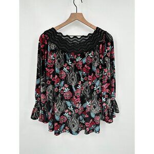 Rafaella Velvet Floral Tunic Top Women Large Black Lace Neckline 3/4 Bell Sleeve